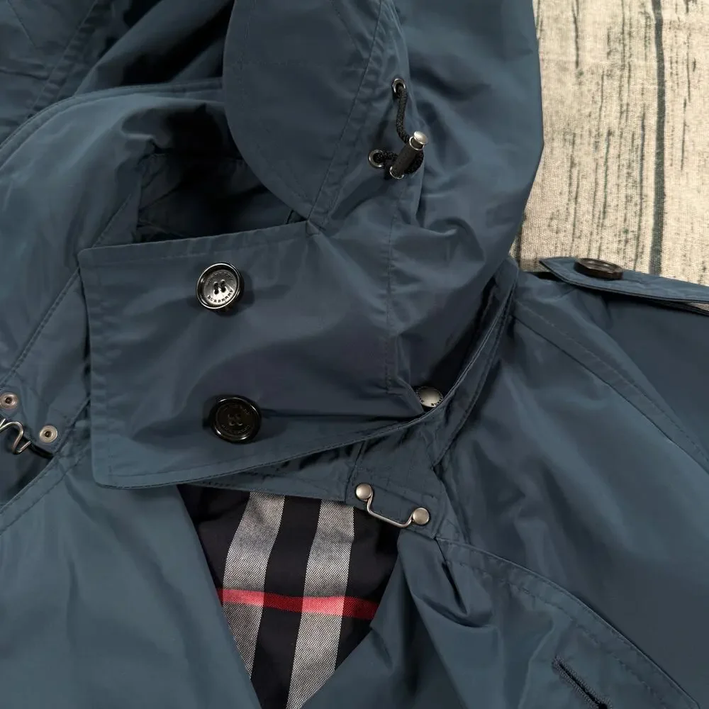 Burberry London Blue Trench Coat Women Hooded Belted Nova Check Lined Size 14 - Picture 15 of 16